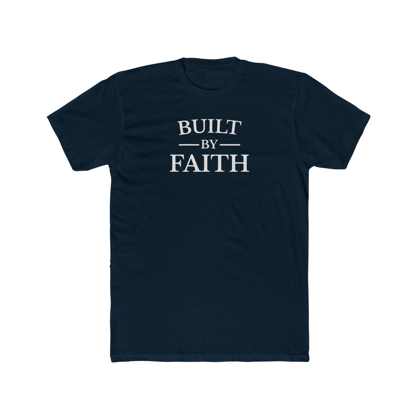 Navy blue t-shirt with 'BUILT BY FAITH' text on a white background