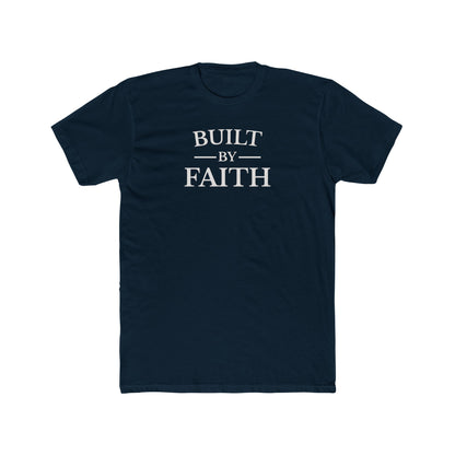 Navy blue t-shirt with 'BUILT BY FAITH' text on a white background