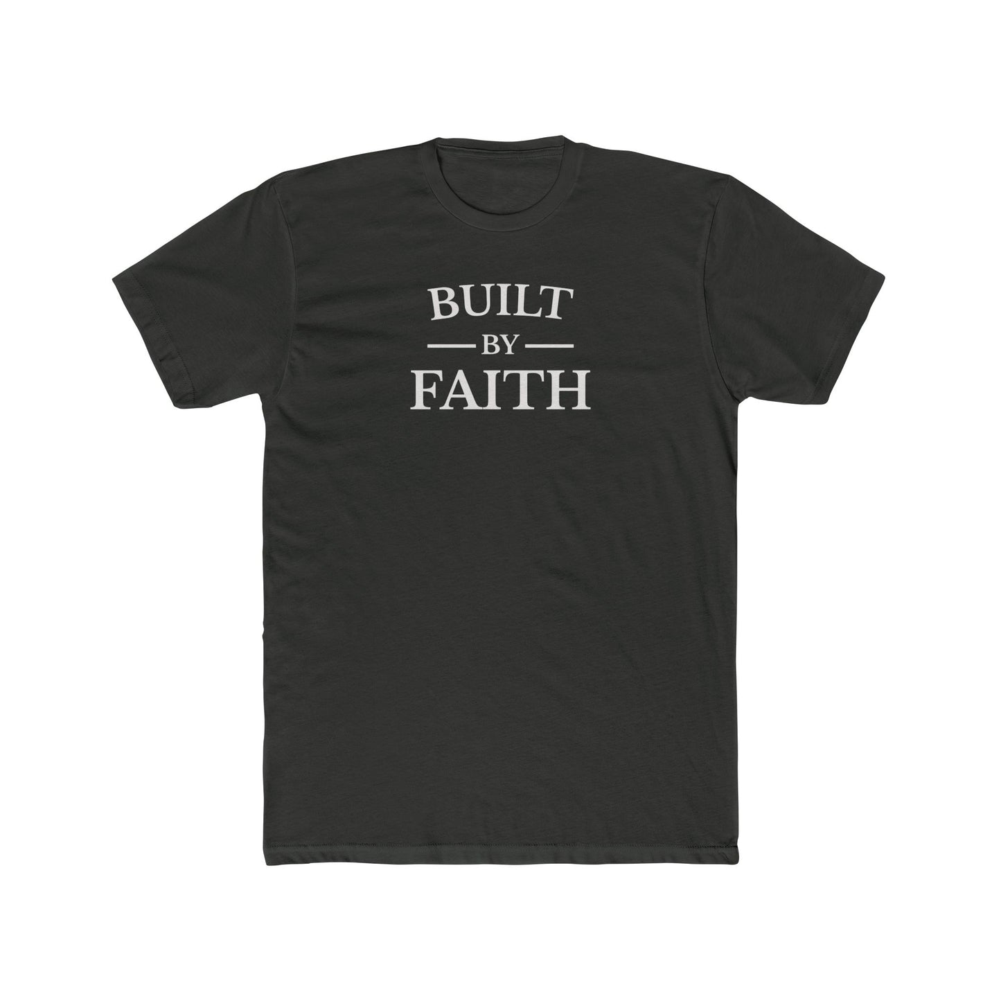 Gray t-shirt with 'BUILT BY FAITH' text on a white background