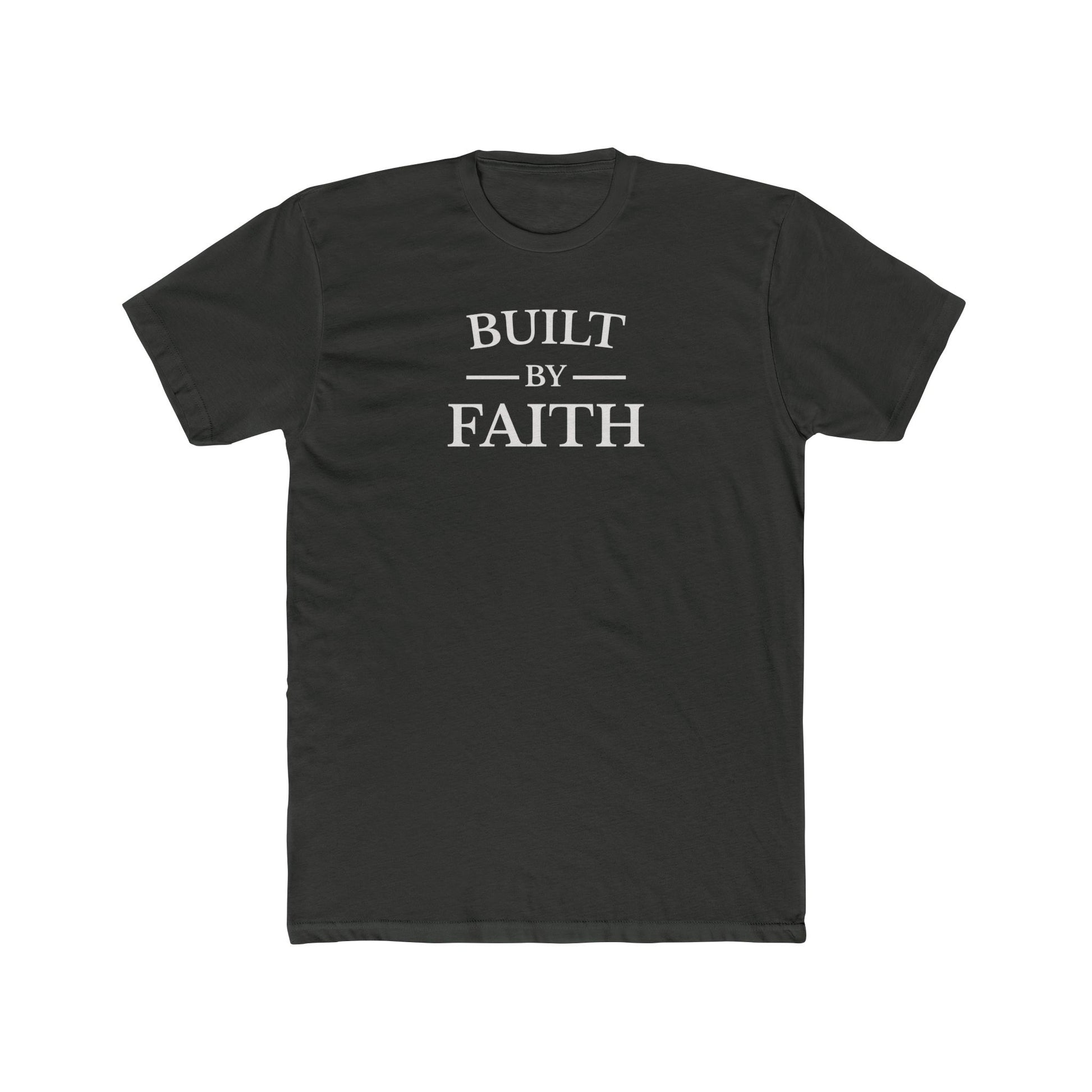 Gray t-shirt with 'BUILT BY FAITH' text on a white background